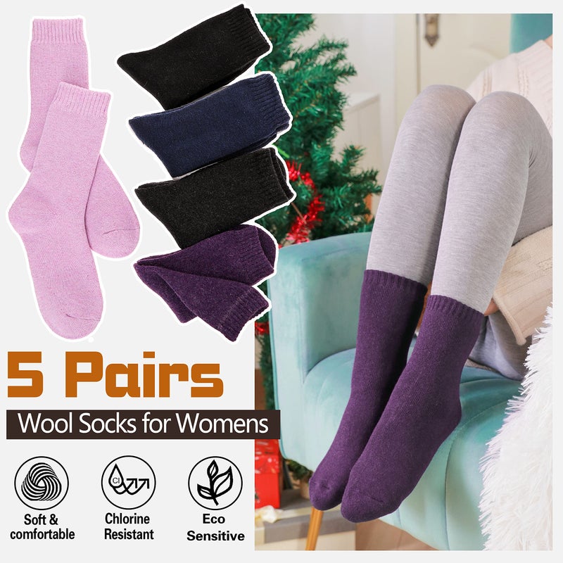Sandsuced Wool Warm Socks for Women Winter Hiking Thick Boot Thermal Cozy Crew Work Soft Ladies Socks 5 Packï¼ˆSolid Color Cï¼‰ - Image 2
